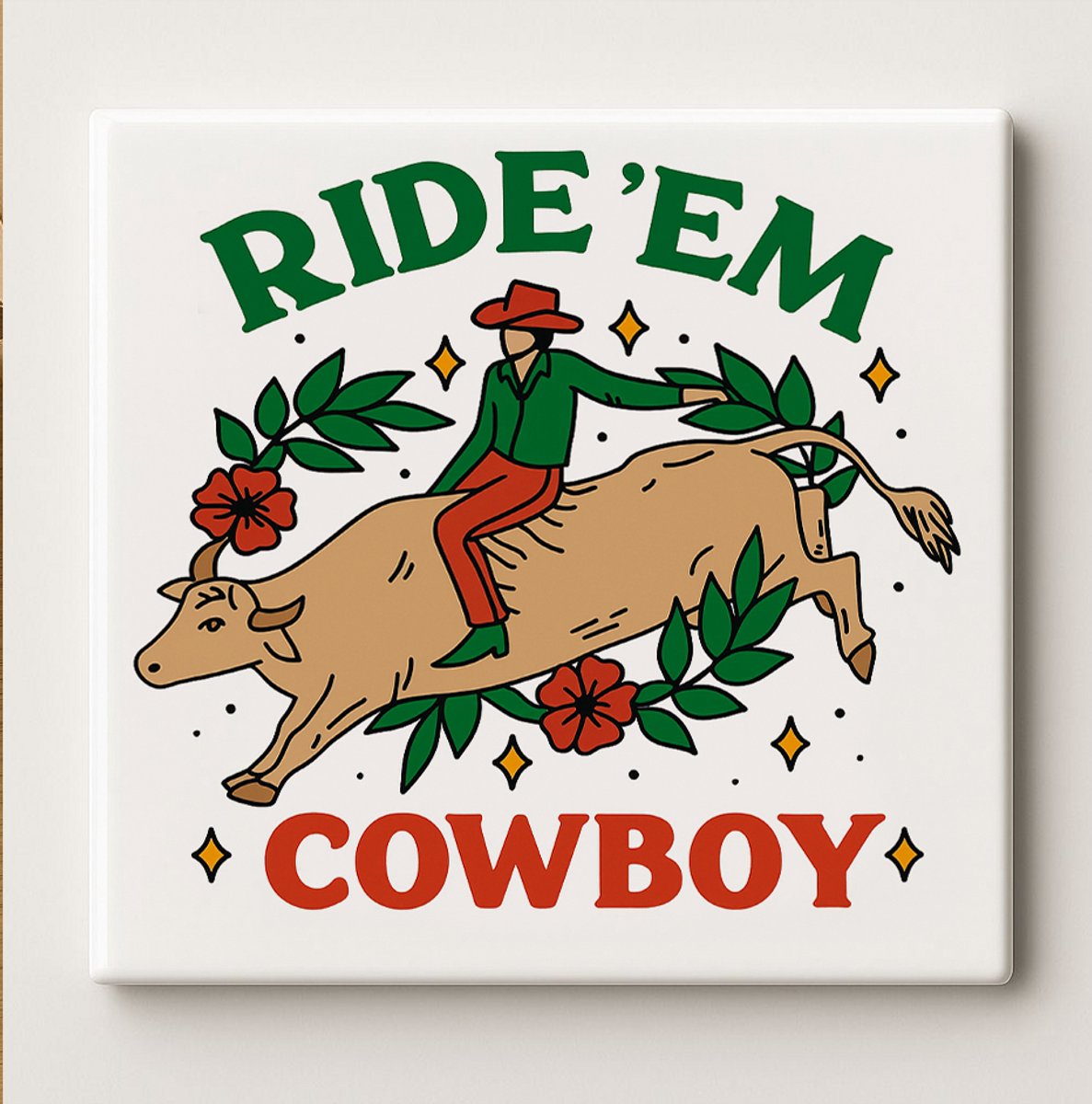 Nevolis Ride ’Em Cowboy Retro Westerse Keramische Tegel – 15x15 cm Decoratieve Wandtegel voor Keuken, Bar of Woonkamer – Vintage Cadeau voor Cowboys en Rodeo Fans Multi Color