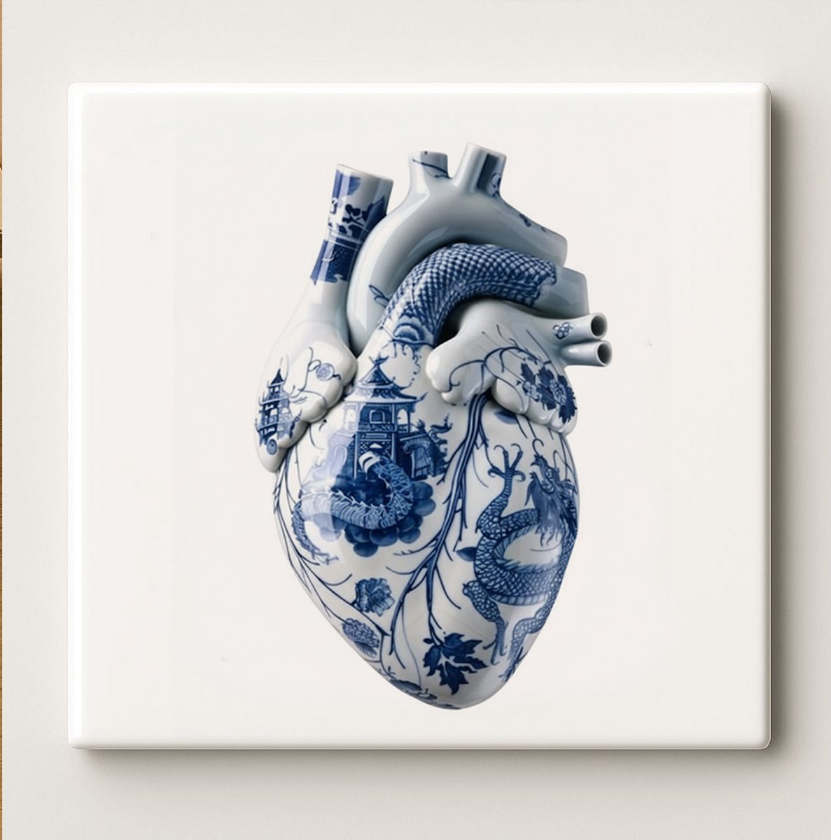 Porseleinen Hart Tegel 15x15cm – Artistieke Delfts Blauwe Keramische Wanddecoratie – Uniek