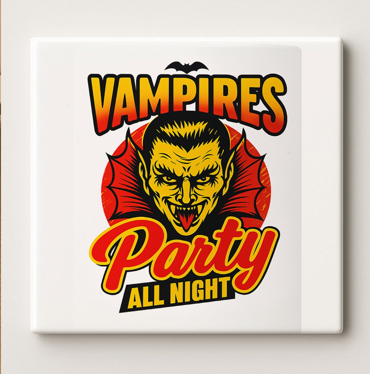 Keramische Halloween Tegel 15x15cm – “Vampires Party All Night” Retro Horror Ontwerp – Got