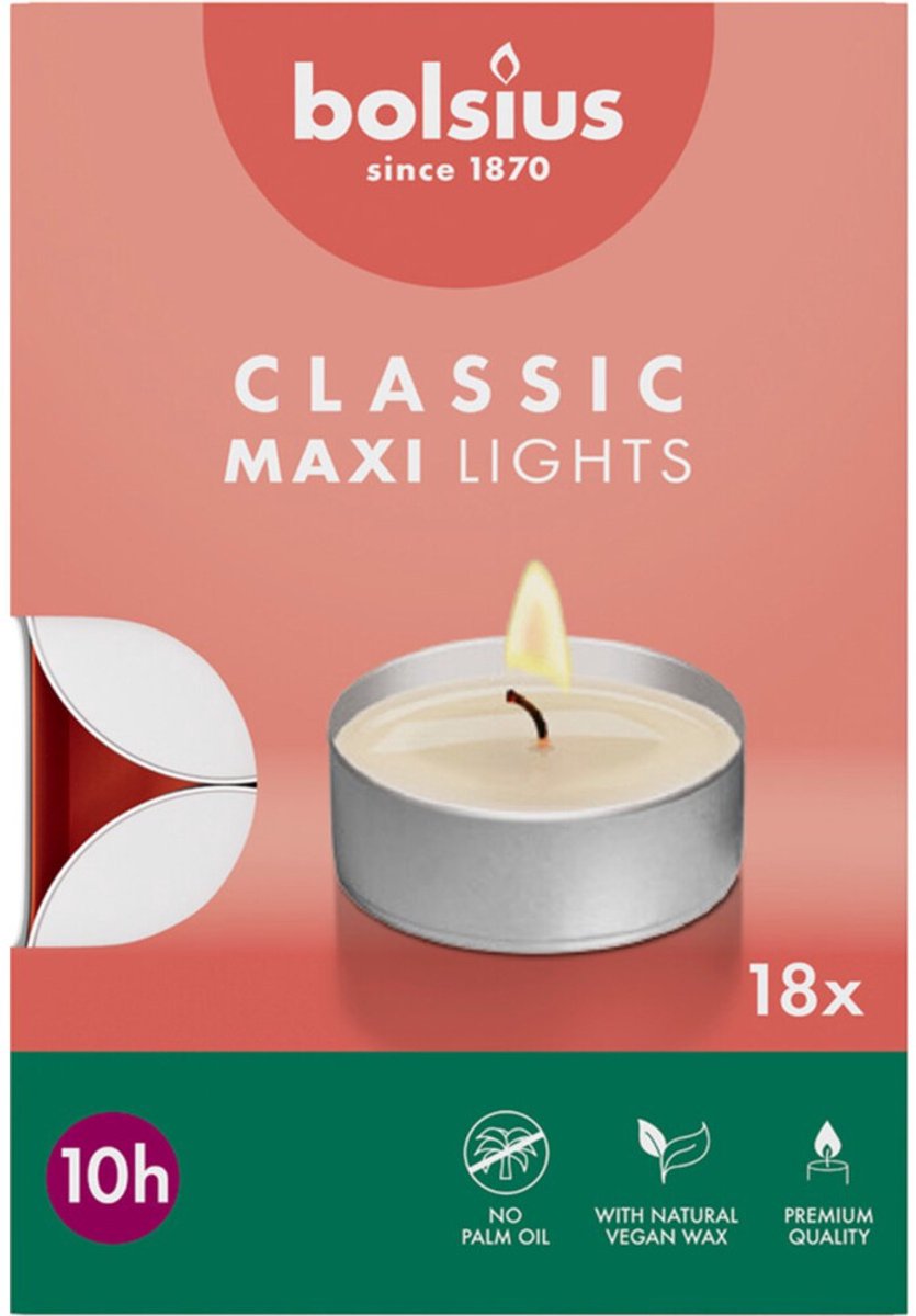 Bolsius Theelichten Maxi 10 branduren 18 stuks