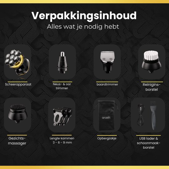 Overzicht van de inhoud van de verpakking: scheerapparaat, neus- & oor trimmer, baardtrimmer, reinigingsborstel, gezichtsmassager, lengte kammen, opbergzakje, USB lader & schoonmaakborstel.