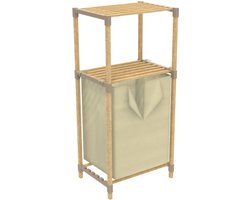 FixWood Houten Wasmand met Opbergplanken – Opbergrek met 2 Niveaus – Badkamer & Slaapkamer – Stijlvol & Stevig – Naturel