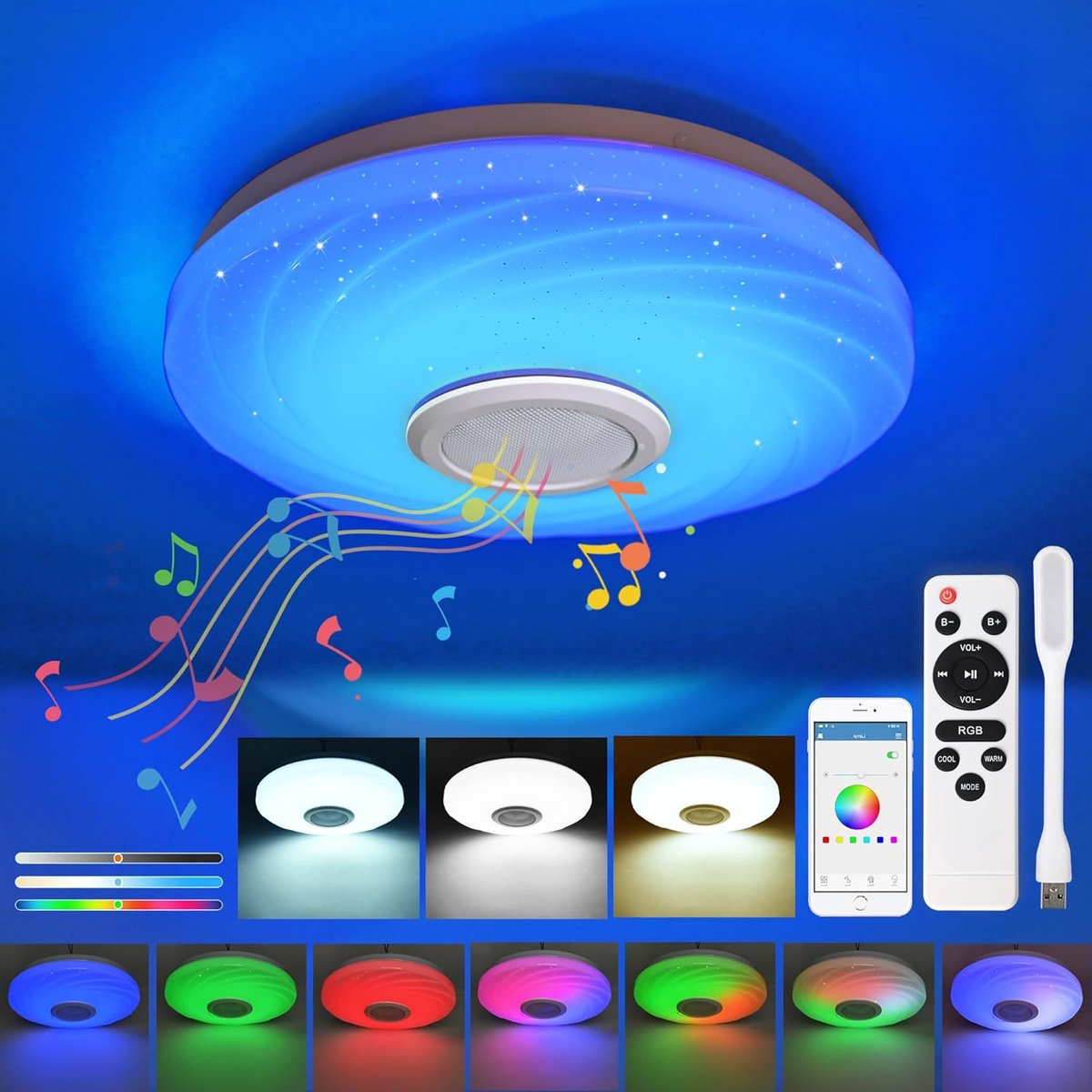 Dimbare Bluetooth plafondlamp met RGB-kleurverandering en afstandsbediening voor kinderkam