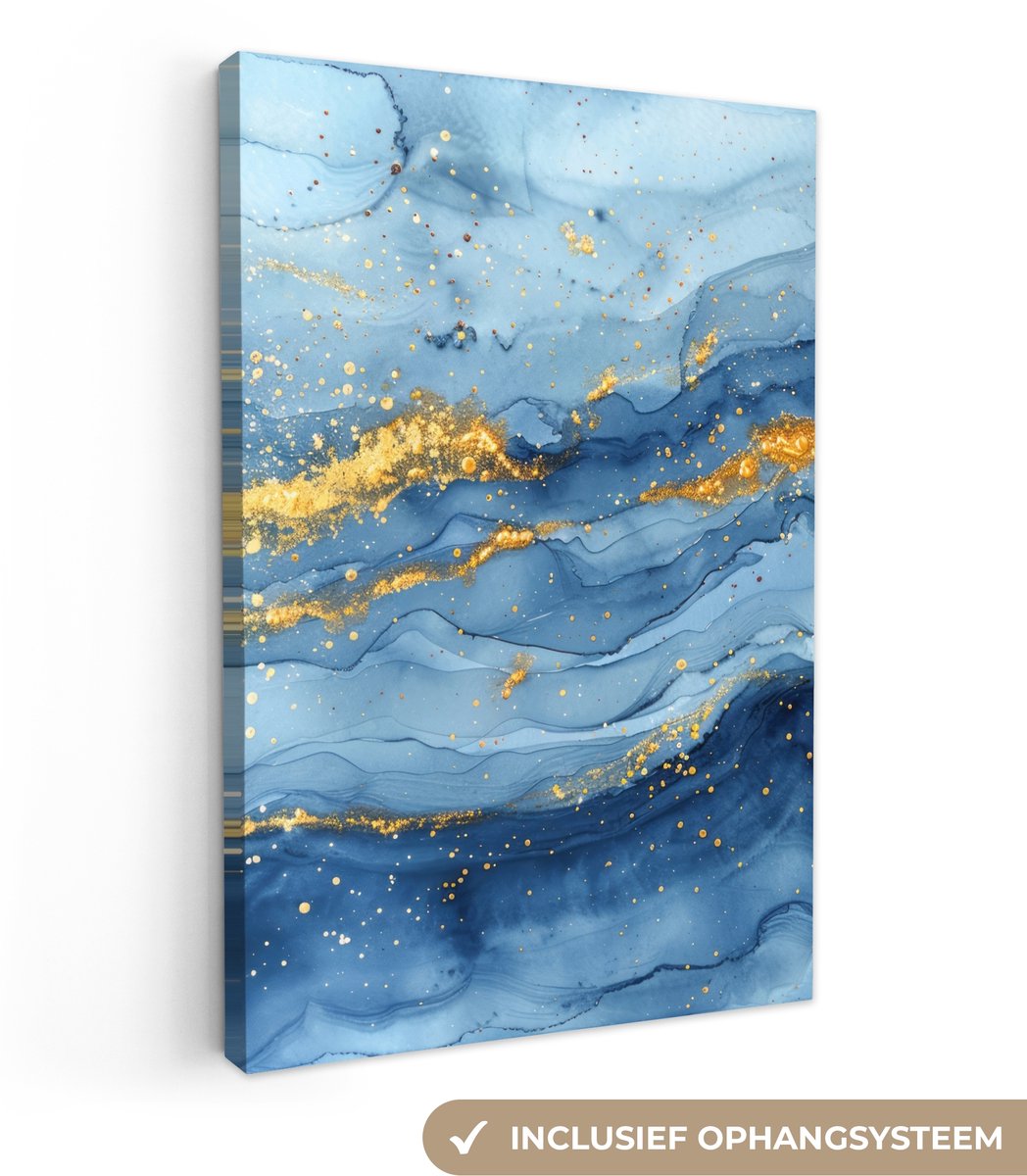 Canvas schilderij 80x120 cm - Wanddecoratie badkamer Watercolor - Blauw - Kunst - Goud - L