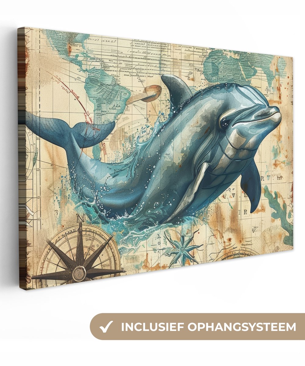 Canvas schilderij 140x90 cm - Wanddecoratie badkamer Vintage - Dolfijn - Dieren - Watercol