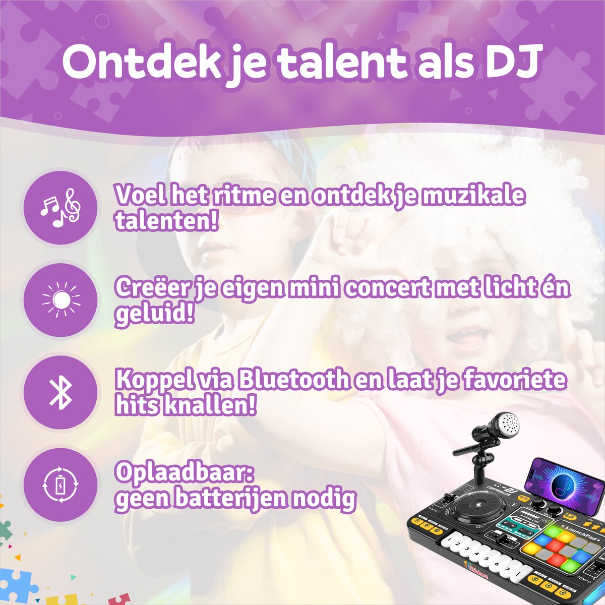 DJ Set Kinderen met Leerboekje - Oplaadbaar - Bluetooth - Microfoon - Speelgoed Muziekspeler - DJ Mixer Kids — afbeelding 3