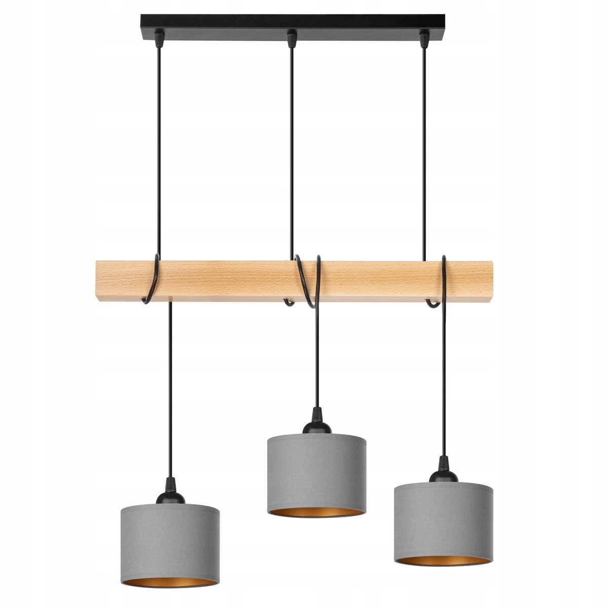 Houten hanglamp beukenhout 3 grijze-gouden lampenkappen