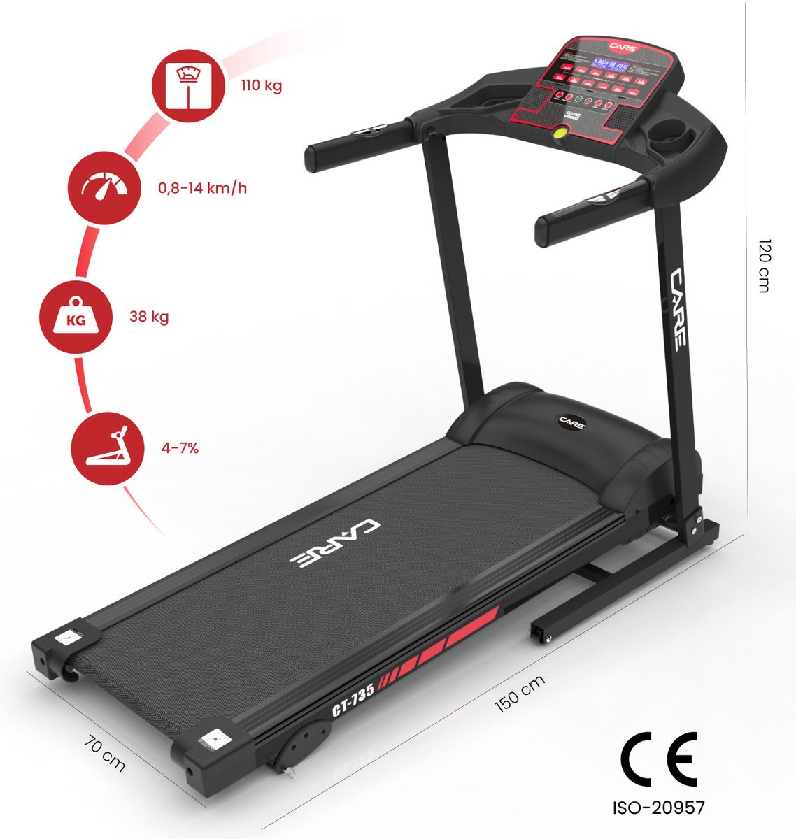 CARE CT-735-2 - Connected en opvouwbare loopband - Maximale snelheid 14 km/u - 12 programma’s - Handmatige helling met 3 niveaus - Voor thuisgebruik - Rood thumbnail 2