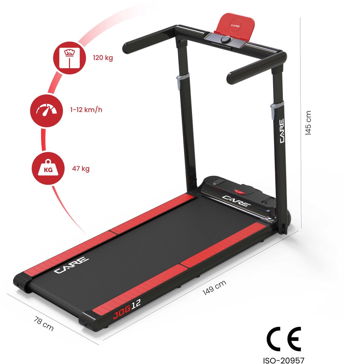 CARE JOG 12 - Loopband - Maximale snelheid 12 km/u - Dubbel opvouwbaar - Compact - Stil - Voor thuisgebruik - Perfect onder een bureau thumbnail 2