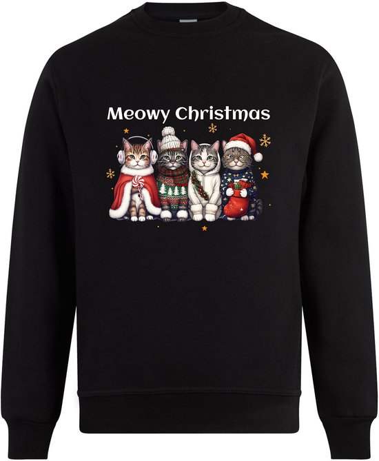 Meowy Christmas Kersttrui - Foute Kersttrui Dames Heren - Kat - Unisex - Kerst Cadeau - Grappig - Zwart - Maat S