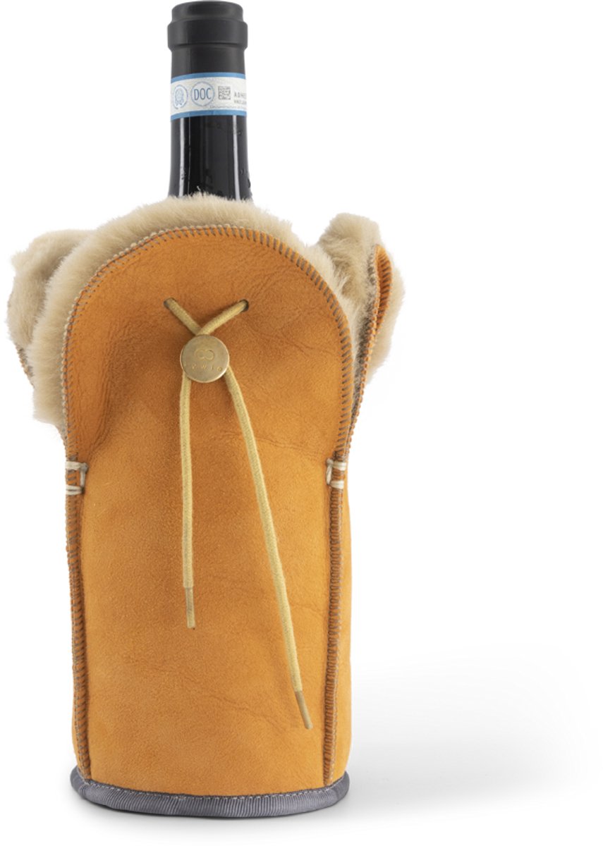 Kywie ® champagnekoeler van schapenvacht – wijnkoeler - 100% natuurlijk – 0,75l – temperatuurbehoudend - geschikt voor champagne, wijn, bourgogne, waterflessen - Oranje Suède