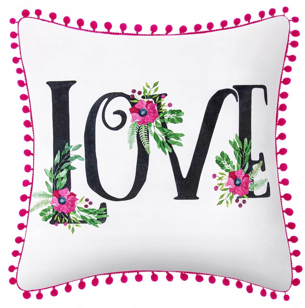 Sierkussens 45x45cm Love Wit met Roze Pompons