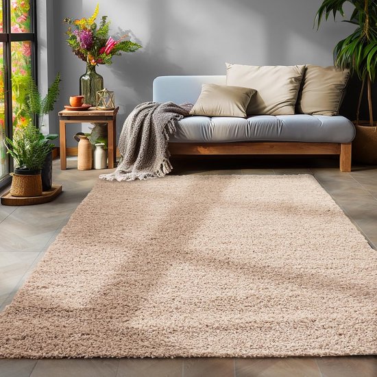Tapijtenloods Basic Shaggy vloerkleed Beige Hoogpolig- 140x200 CM
