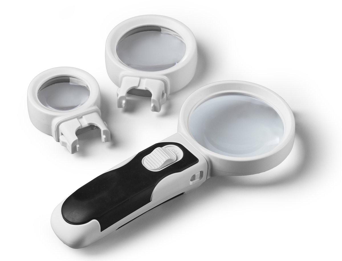 Handvatvergrootglas - Geschikt voor een breed scala aan fijnmechanische toepassingen - LED-verlichting - 3 verwisselbare lenzen (3x, 5x en 8x vergroting) - Inclusief batterijen - C344898