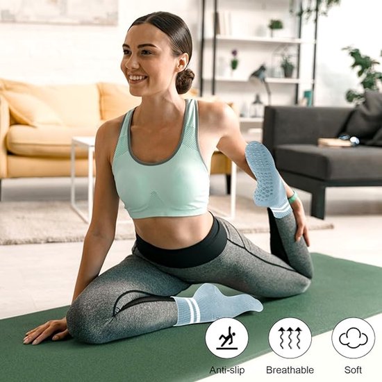 3 paar antislip Pilates ballet trampoline sokken voor dames - blauw/groen/roze van Merkloos — afbeelding 3