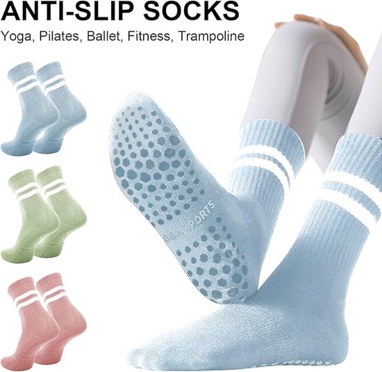 3 paar antislip Pilates ballet trampoline sokken voor dames - blauw/groen/roze van Merkloos — afbeelding 5