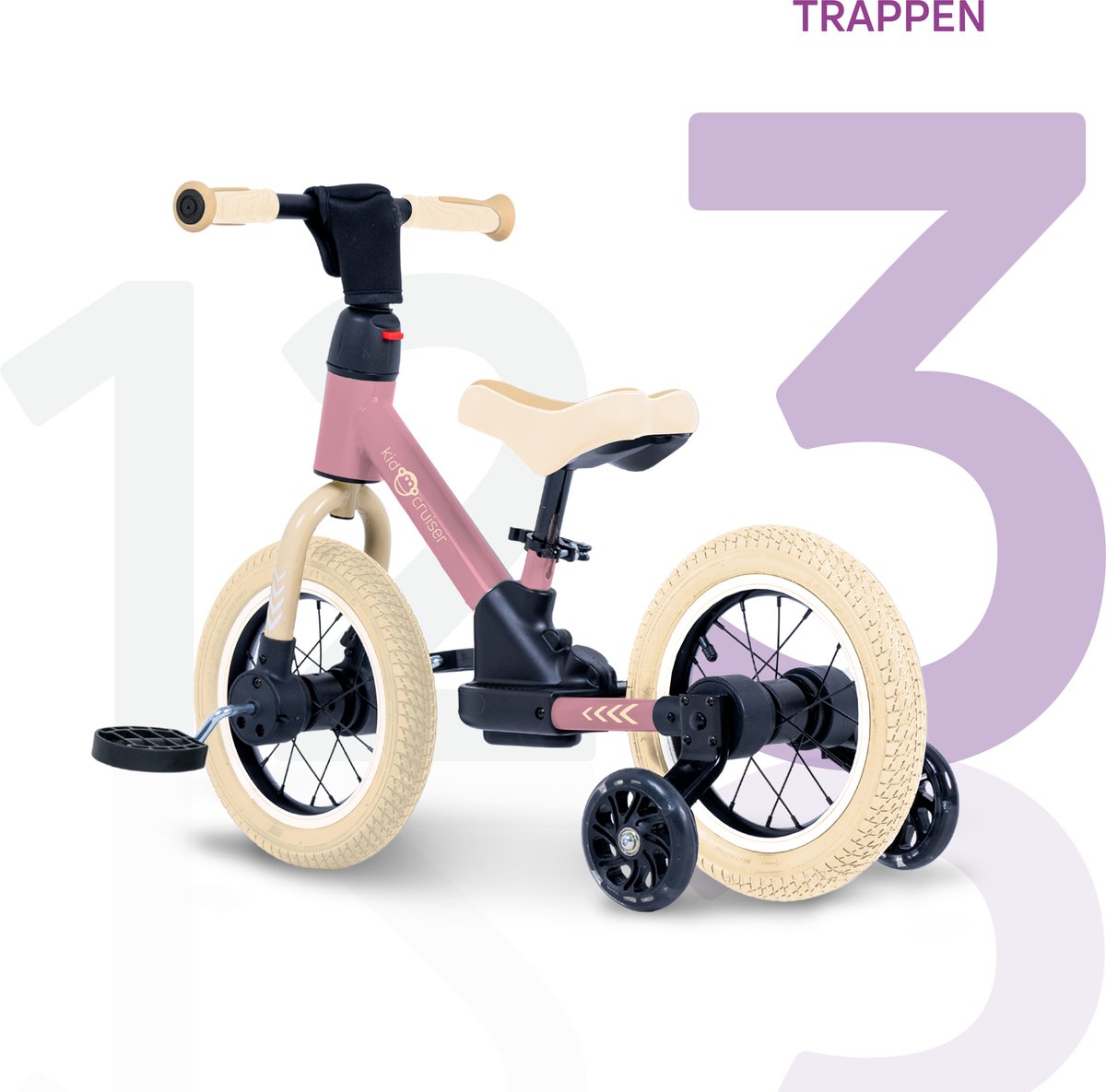 Kidcruiser Loopfiets 2+ jaar - Optioneel met LED Zijwieltjes & Trappers - 3-in-1 Kinderfiets - 12 inch – Roze & Creme wit – Modulair Design — afbeelding 2