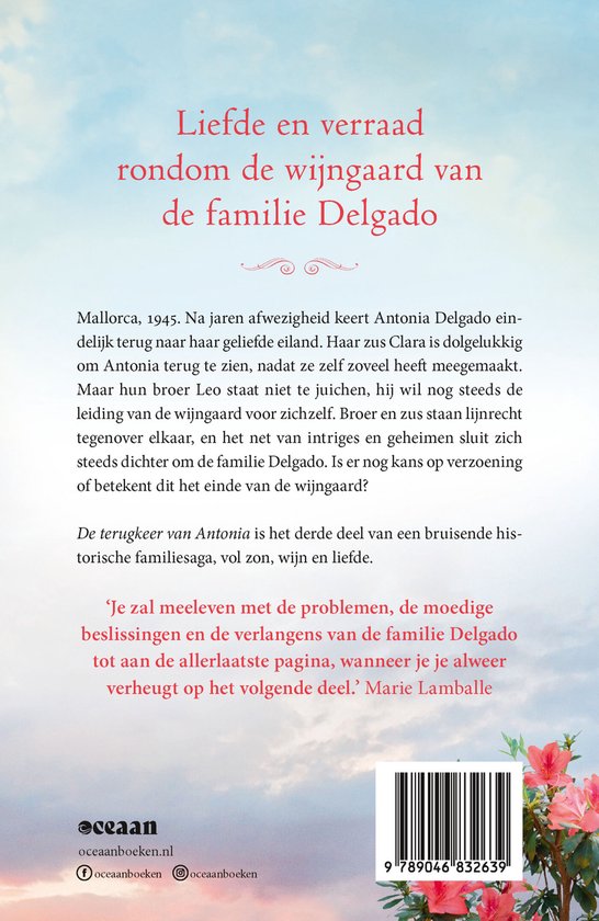 Achterkant van een boek met "Liefde en verraad rondom de wijngaard van de familie Delgado" en tekst van de achterflap.