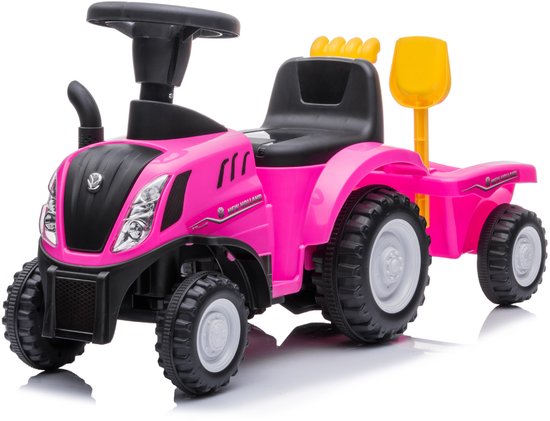 New Holland Loopauto Tractor 1 tot 3 jaar – Officieel Gelicentieerde Speelgoed Tractor met Aanhanger, Koplampen & Toeter – Buitenspeelgoed Peuter met Hark, Schep & Opbergbox – Roze