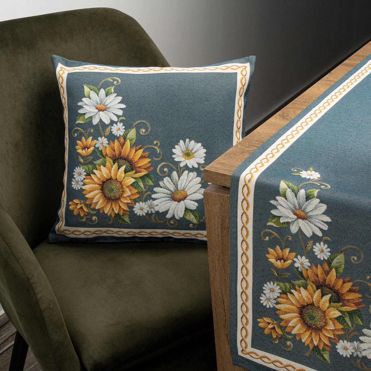 Gobelin Kussenhoes Blauw Bloem 45x45cm - Sfeervolle Decoratie