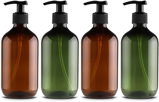 Lot de 4 Bouteilles distributeurs de lotion à pompe - 500 ml - Distributeur de savon - Plastique - Distributeur de gel douche - Convient pour Shampooing, gel douche et crème pour les mains - Vert + Marron