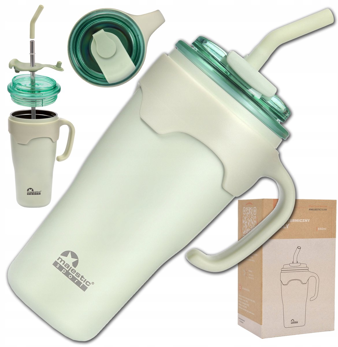 Majestic Sport Jelly Thermosbeker 650ml met Rietje en Handvat - Groen