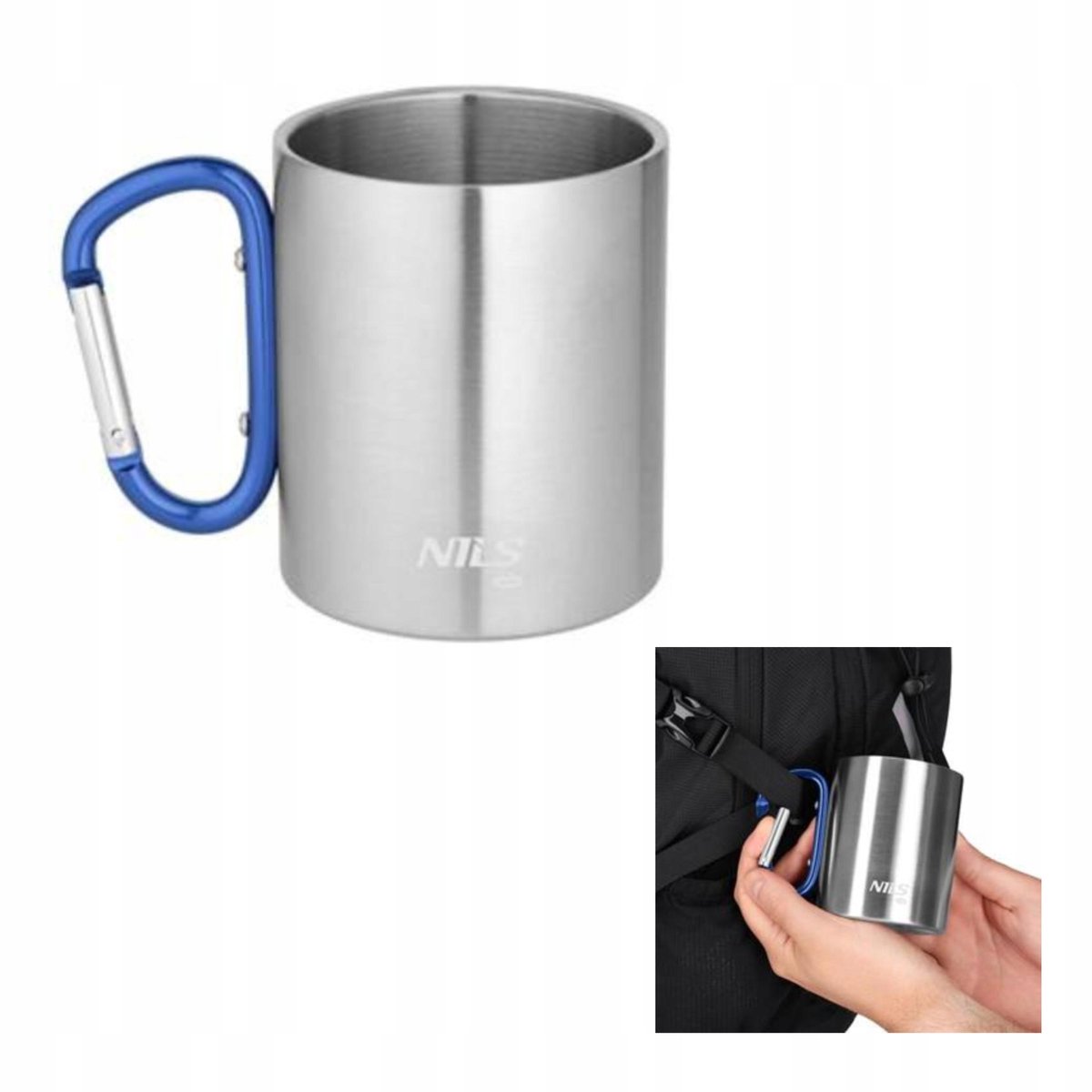Nils Camp Outdoor Mok 300ml RVS met Blauwe Karabijnhaak