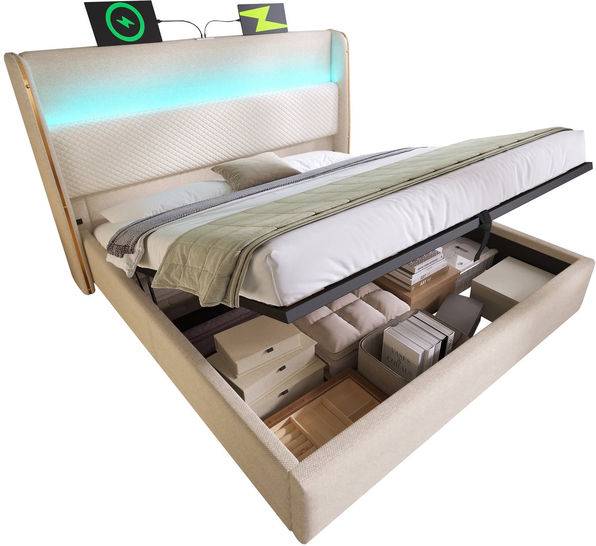 Merax Gestoffeerd Bed - 140x200cm - Bed met Opbergruimte - LED Verlichting met Afstandsbediening - USB en Type-C Aansluiting - Inclusief Matras - Beige