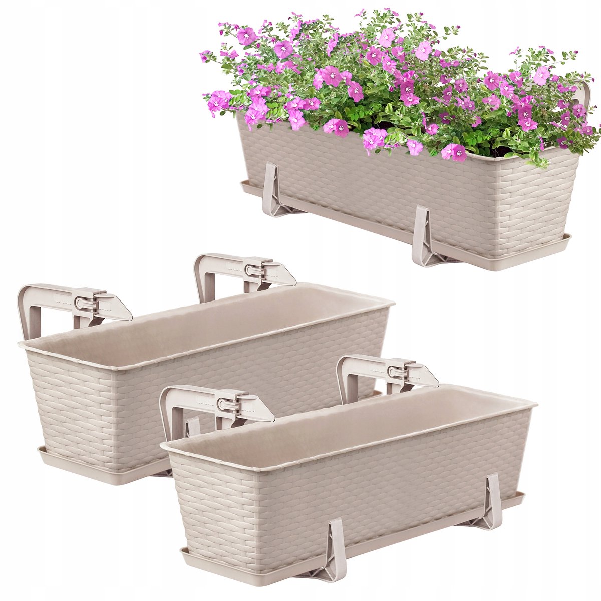 2x Beige Balkonbak met Ophangbeugels - 60cm Set