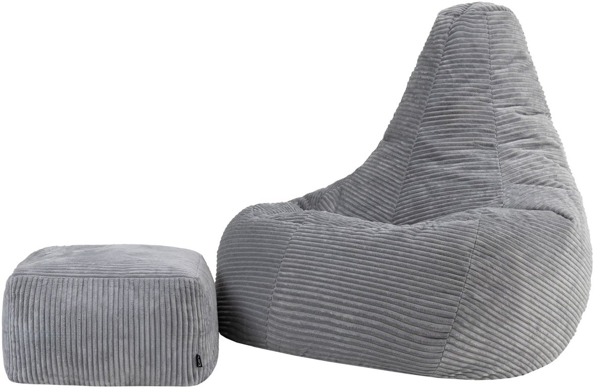 Icon Dalton XL Zitzak Fauteuil met Poef - Gaming - Ribfluweel - Grijs