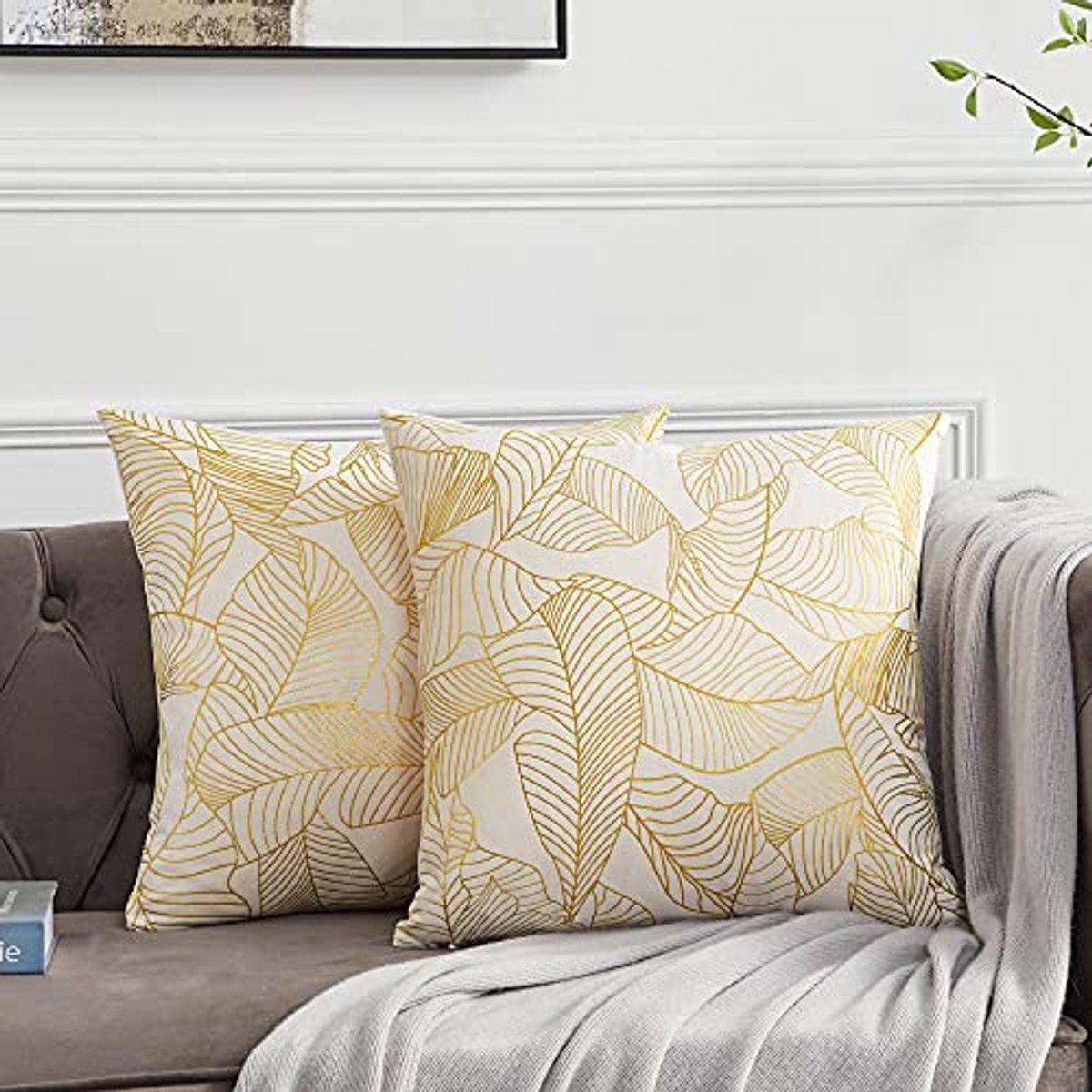 Decoratieve Kussenslopen 40 x 40 cm met Gouden Bladeren - Set van 2 voor Woonkamer en Slaapkamer