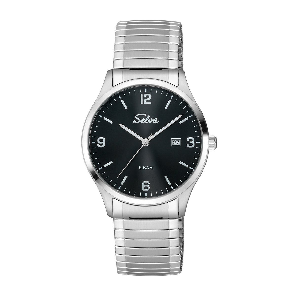 SELVA heren polshorloge, quartz, index en cijfers, roestvrijstalen kast, flexibele band, 5 bar