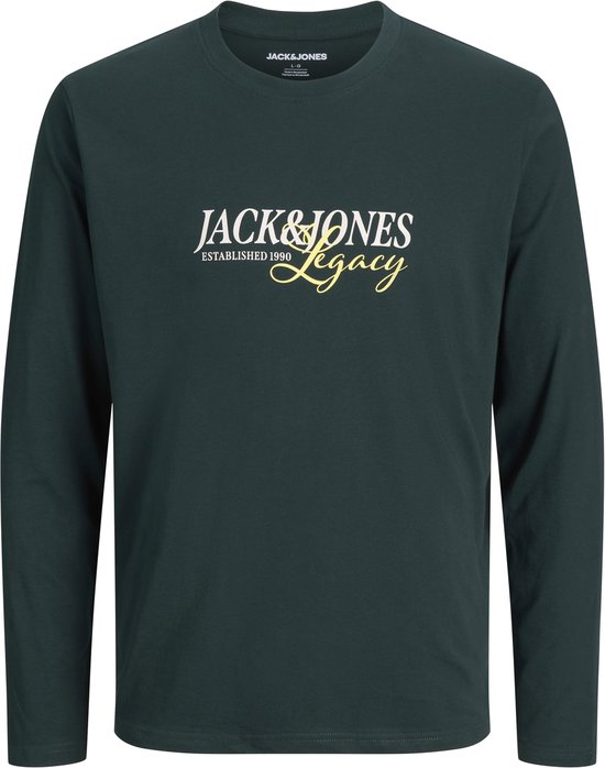 Donkergroen t-shirt met lange mouwen en "JACK&JONES ESTABLISHED 1990 Legacy" opdruk.