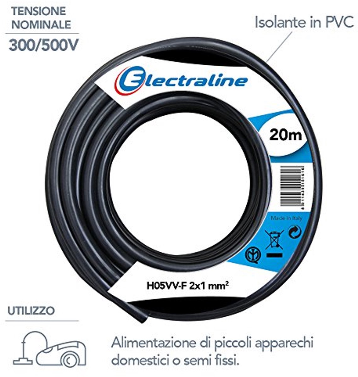 H05VV-F Stroomkabel 2x1 mm - 20 meter - Zwart