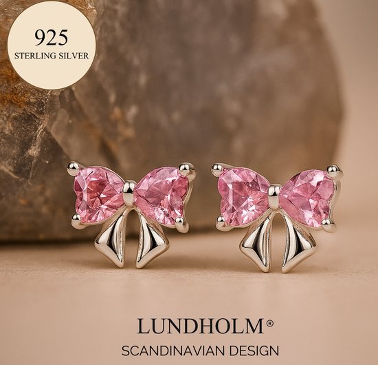 Clips d'oreilles à clous nœud Filles Lundholm - Argent sterling 925 - Petites Boucles d'oreilles avec pierres roses (1 x 0,7 cm) - Mignonnes et Elegant - Emballage cadeau de Luxe