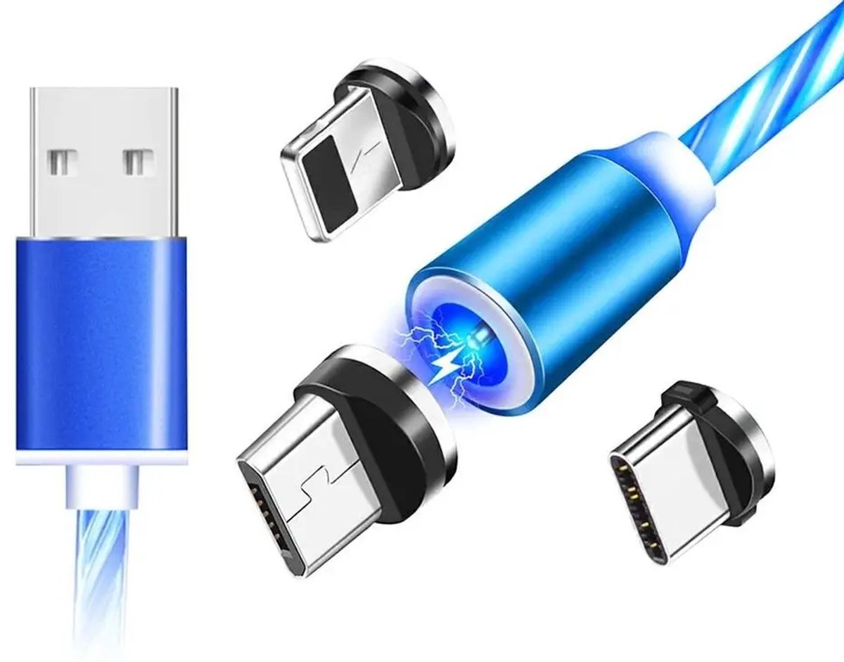 Magnetische USB-C, MicroUSB, Lightning kabel 1m Blauw LED