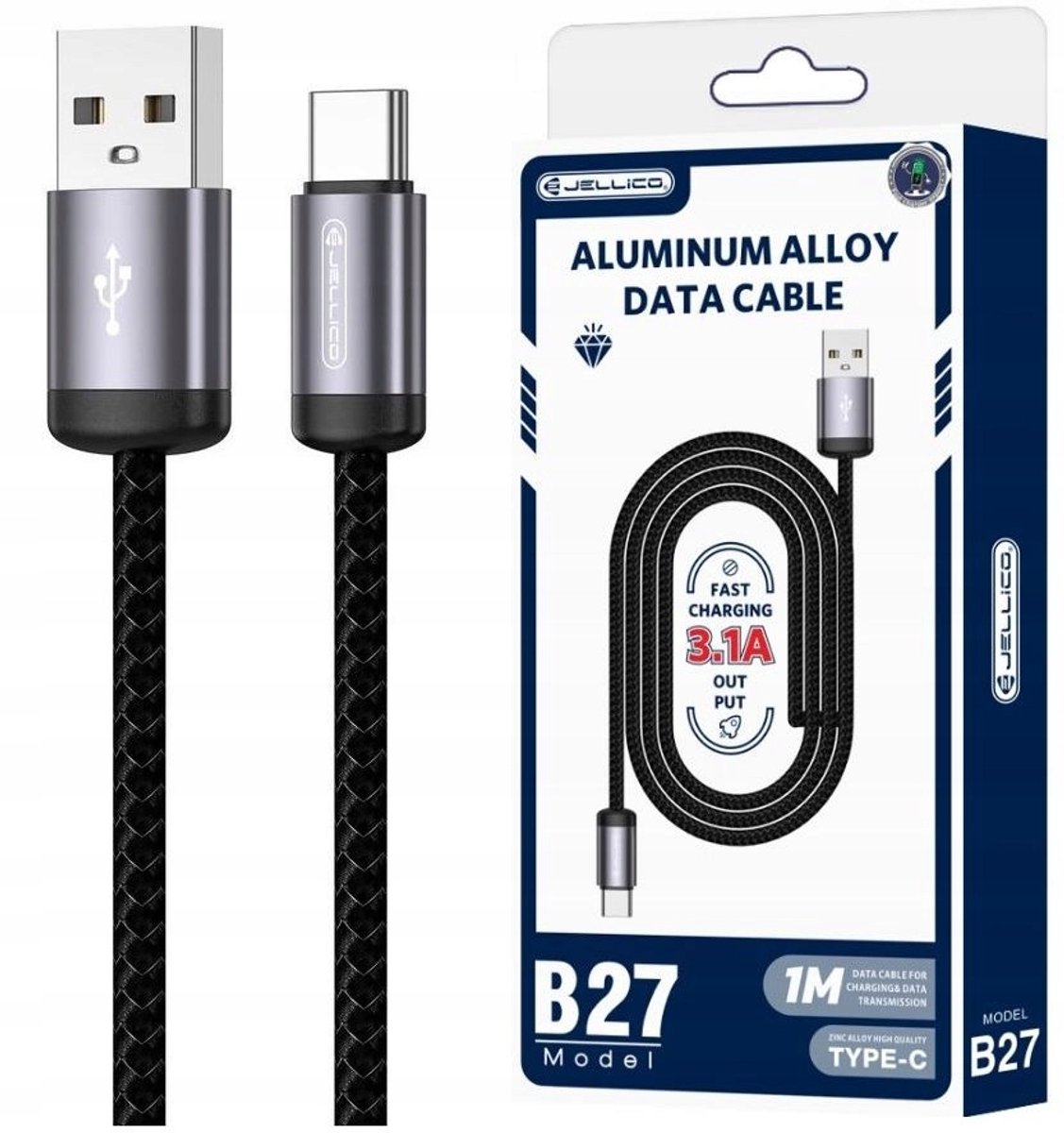 Jellico USB-C naar USB-A Kabel 3.1A PD Quick Charge 1m Zwart
