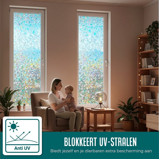 Conkov Raamfolie, privacyfolie met regenboogeffect, elektrostatische adsorptie, geen kleefverbinding, decoratieve folie voor woonkamer, keuken, kantoor, halve maan-backing, 90 x 400 cm, met