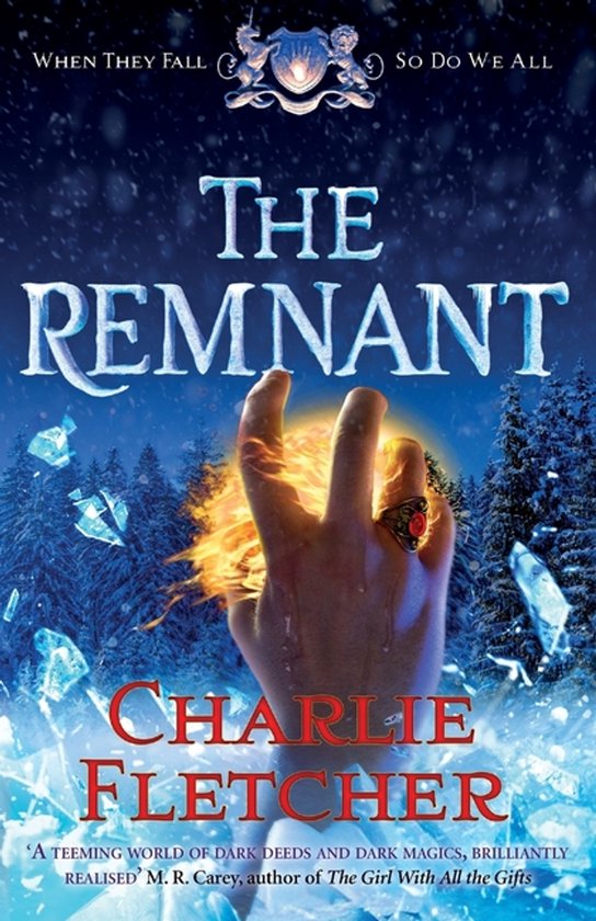 Boekomslag van The Remnant met een hand die gloeiende magie vasthoudt tegen een besneeuwde bosachtergrond.