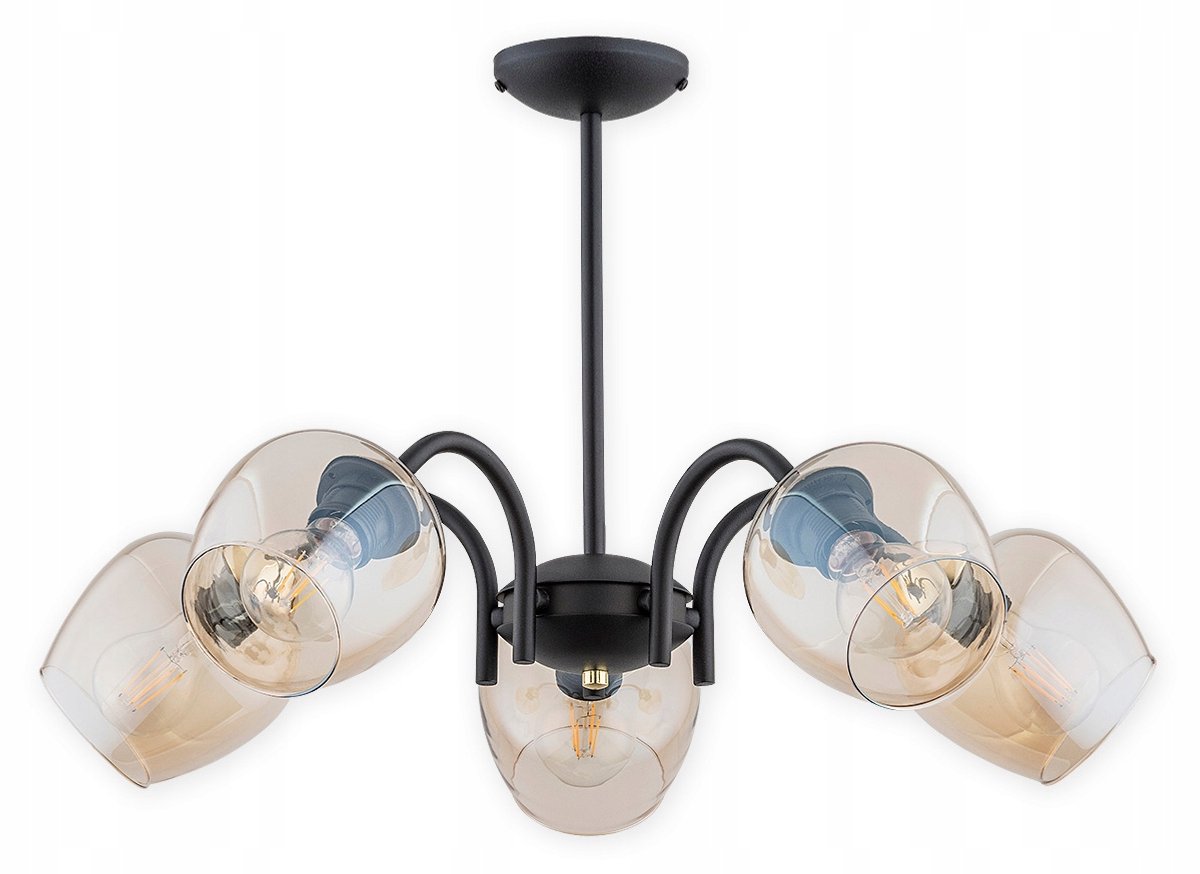 Katla 5-lichts hanglamp mat zwart goud amber glas E27