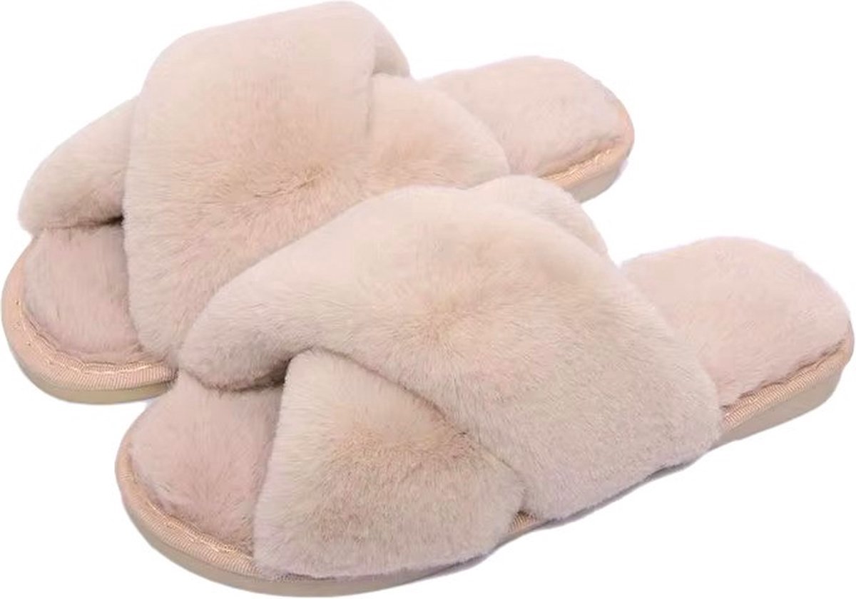 Pluchen Sloffen Pantoffels Dames – Lichtroze – Maat 40-41 (Valt Klein, Geschikt voor 38-39) – Warme Winter Instappers – Zachte Slippers met Antislip Zool