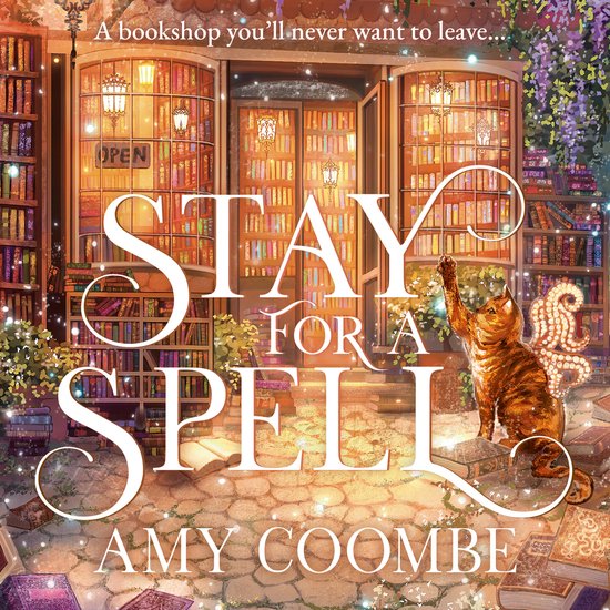 Boekcover van 'Stay for a Spell' met een kat, boeken en een betoverende boekwinkel.