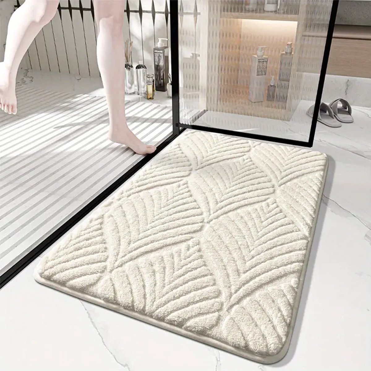 Geometrische Badmat – Zachte Microvezel Douchemat – Antislip & Absorberend – Wit - 60 x 40 cm - Dikke Pluche Vloermat voor Badkamer, Slaapkamer of Woonkamer – Stijlvolle Decoratie & Perfect Cadeau voor de Feestdagen