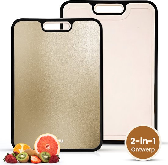 Planche à découper Moxu Crystal 100 % titane double face - Sans PFAS - Hygiène et durabilité Extra - Évite les microplastiques - Antidérapante - Compatible lave-vaisselle - Avec fonction râpe et rainure pour le jus