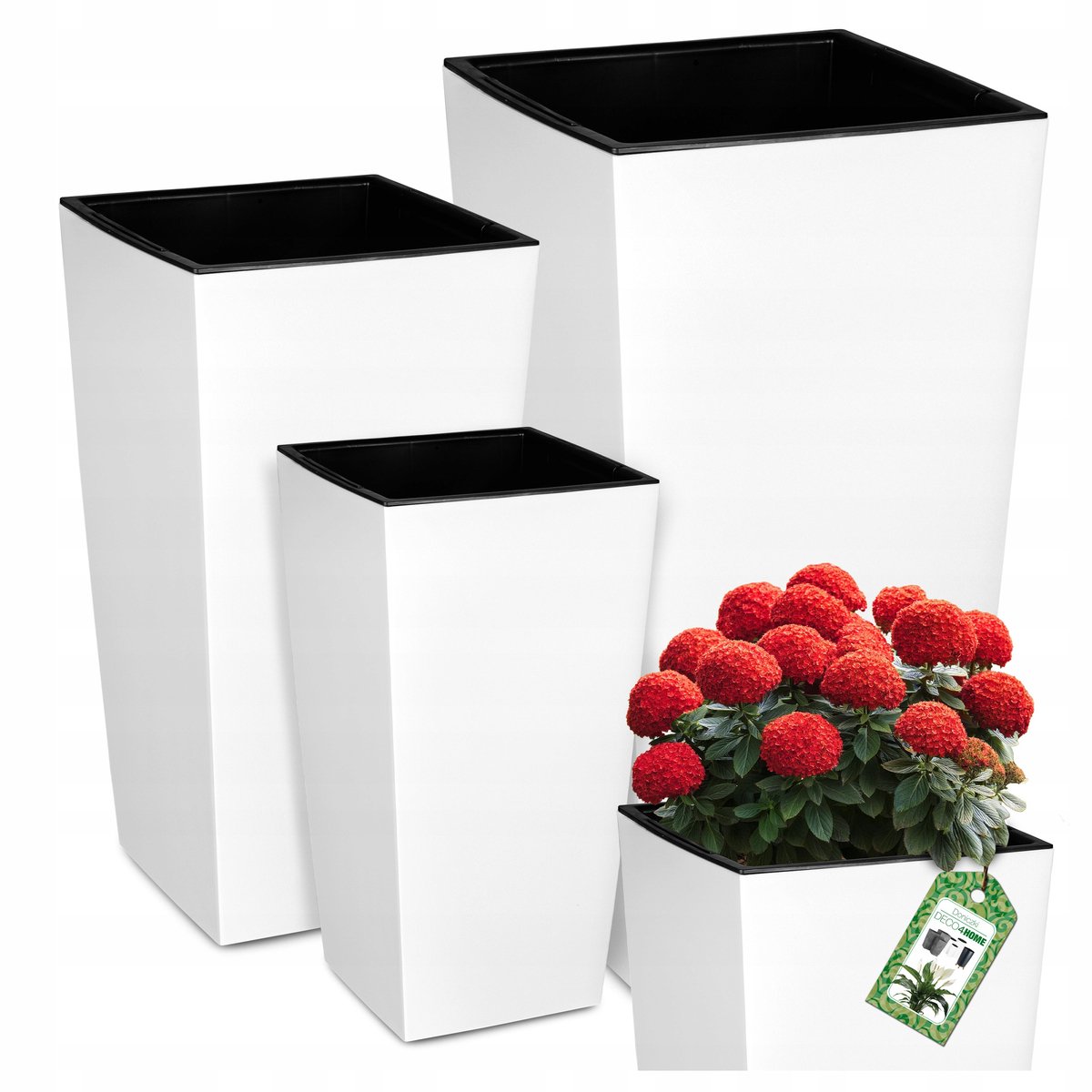 Set van 3 matwitte vierkante plantenbakken met inzetstukken