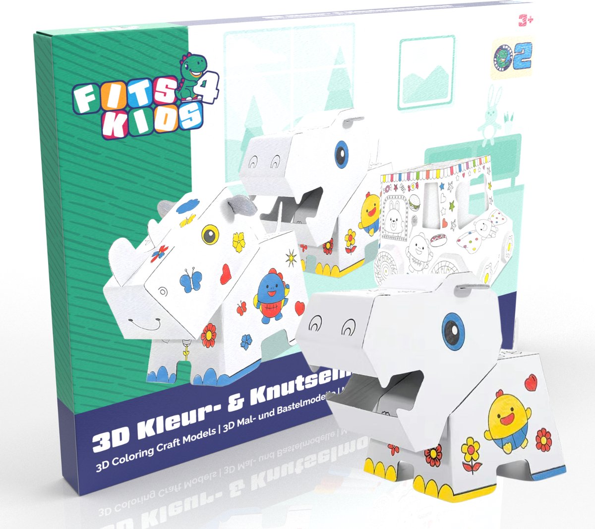 Fits4Kids® Knutselset Kinderen – Kartonnen Nijlpaard om te Kleuren & Verven – DIY Creatief Speelgoed van Karton – 3D Bouwset Tekenen & Knutselen