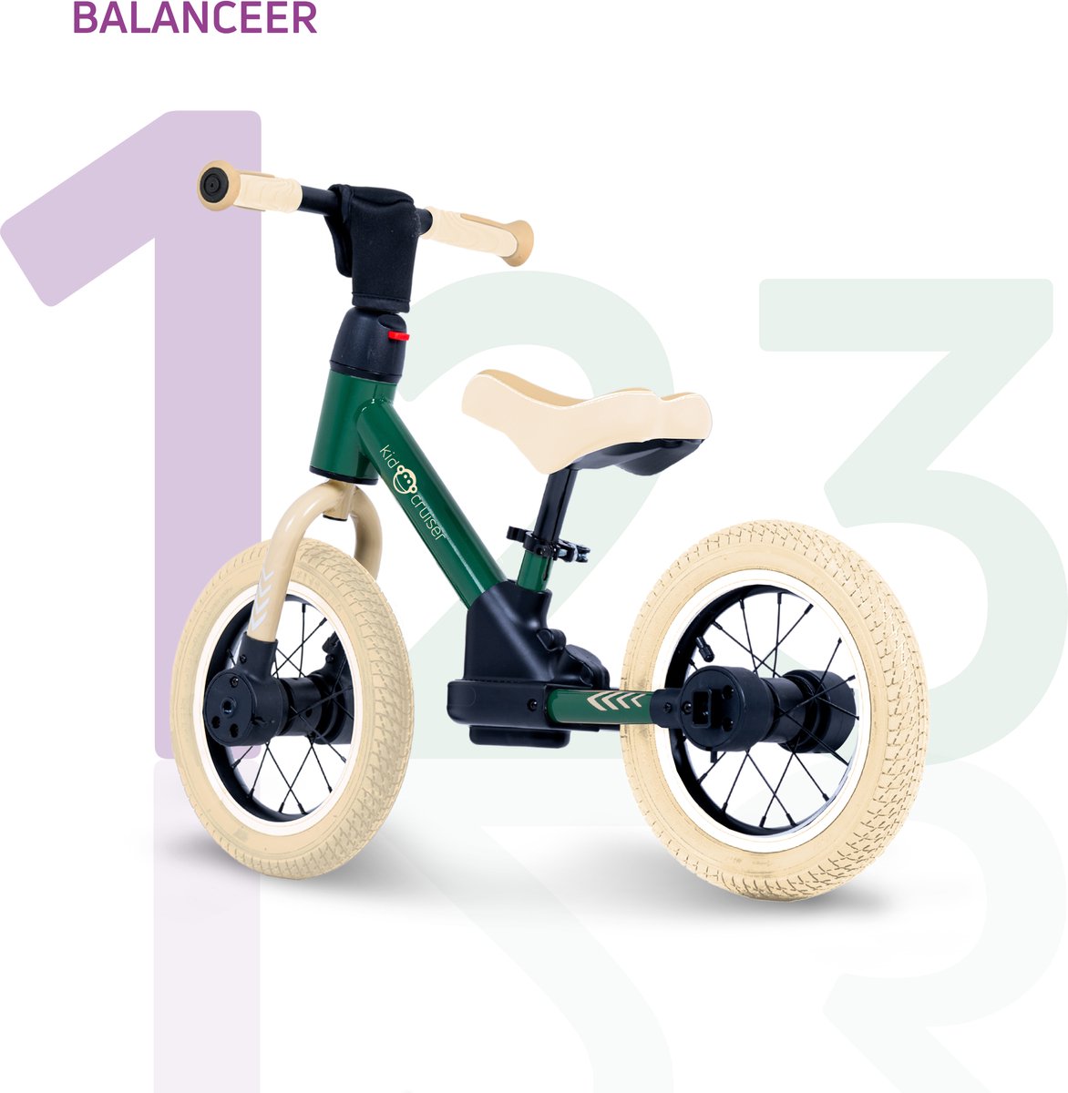 Kidcruiser Loopfiets 2+ jaar - Optioneel met LED Zijwieltjes & Trappers - 3-in-1 Kinderfiets - 12 inch – Donker Groen & Creme wit – Modulair Design - Driewieler loopfiets — afbeelding 6