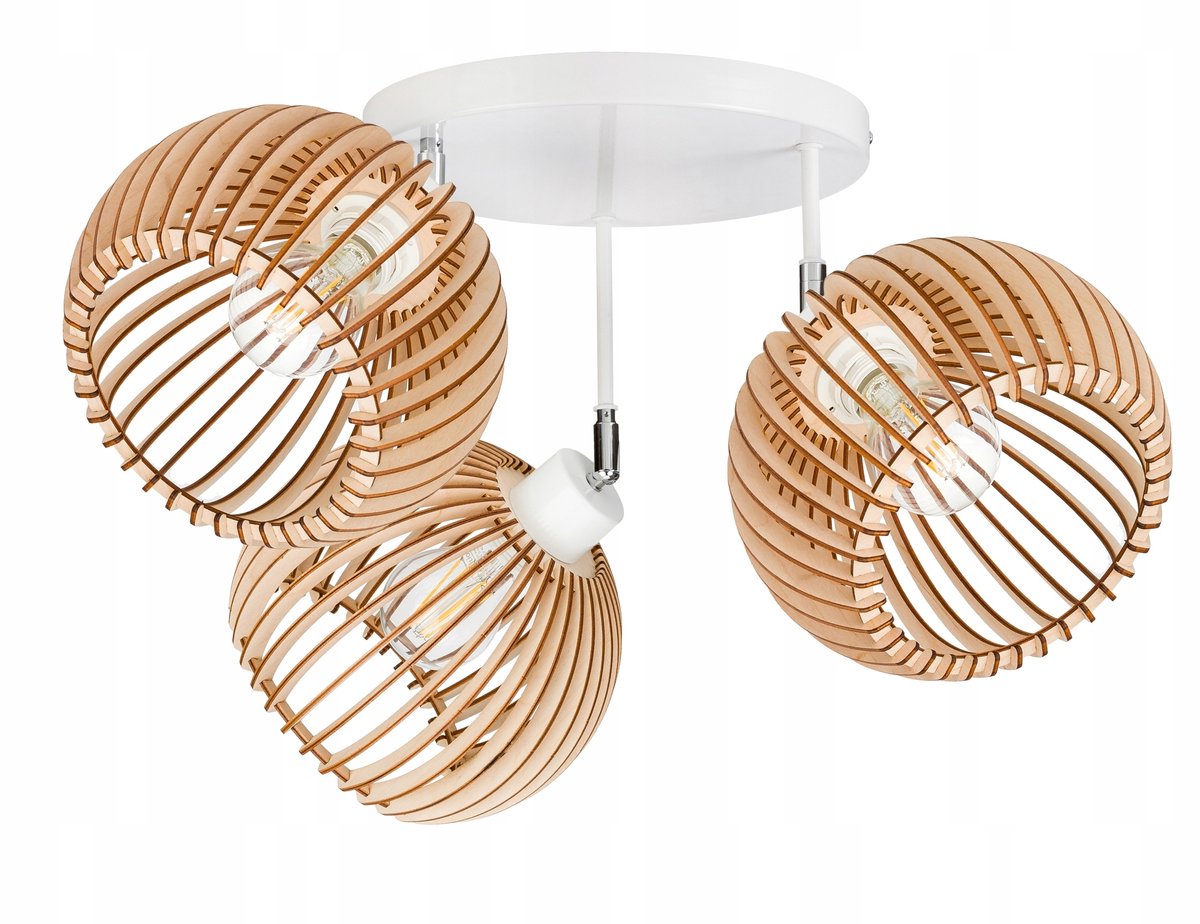 Loft Plafondlamp met Houten Kappen, 3x E27, Verstelbaar