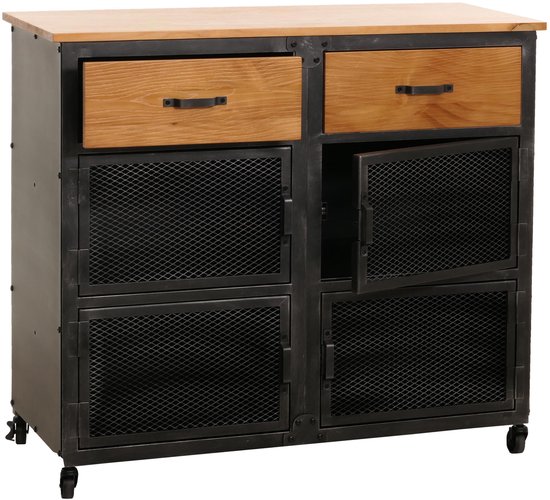 Commode MCW-N28, armoire, roulettes 2 tiroirs, structure 3D industriel rétro métal bois 90x100x40cm ~ noir, naturel