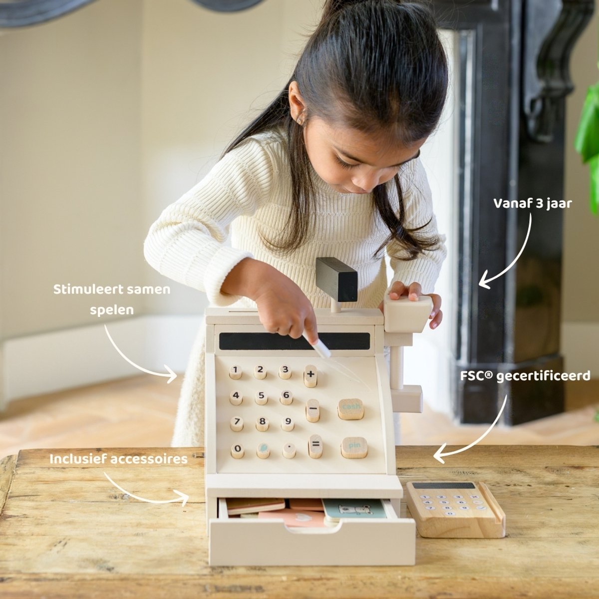 Babiem® Coco - Speelgoed Kassa - 42-Delige Set - Incl. Scanner, Pasjes en Geld - Montessori Speelgoed - 18 x 18 x 23 cm - FSC Hout — afbeelding 2